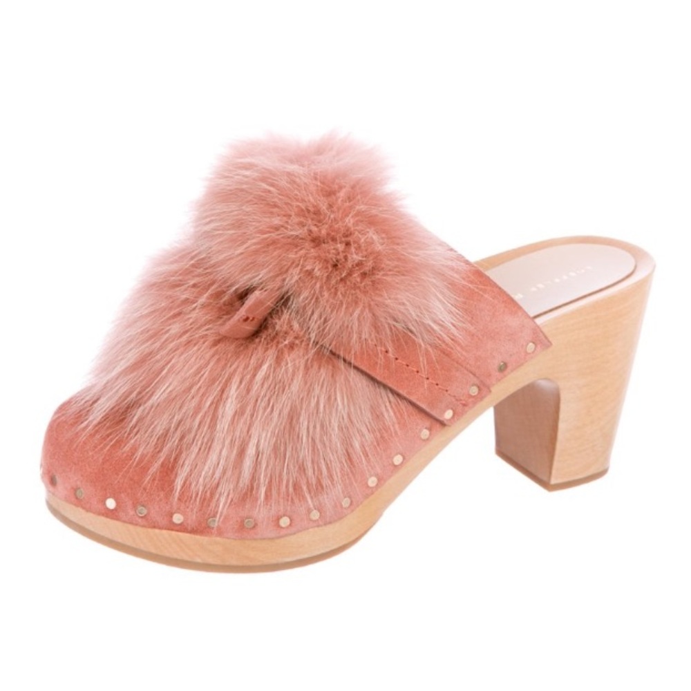 Loeffler Randall Pink Suede Fox Fur Clog Mules